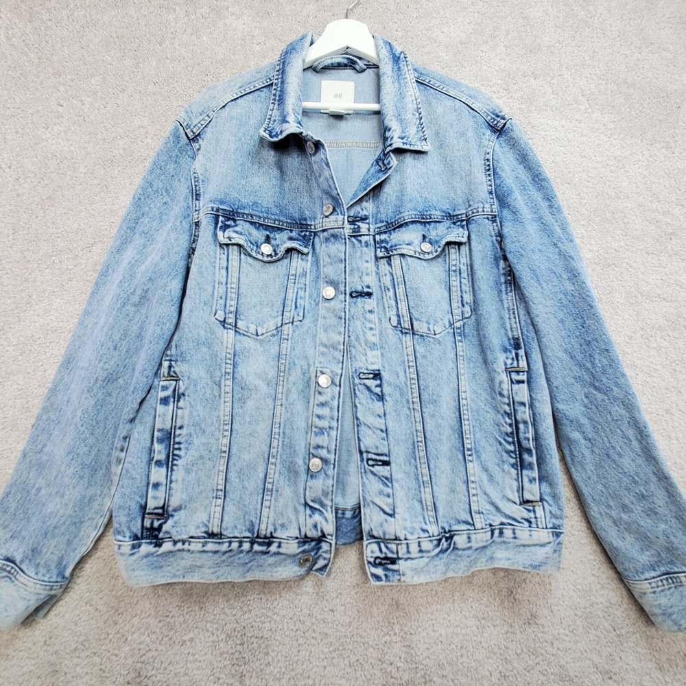 H&M Trucker Jacket Mens Large Blue Denim Cotton Pockets Long Sleeve Button Front